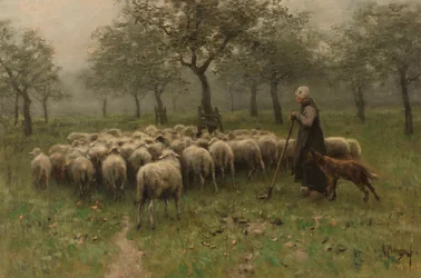 Bergère avec un troupeau de moutons