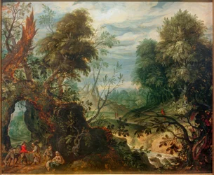 Paysage forestier avec marchands