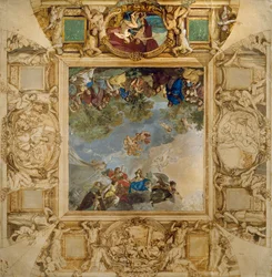 Apollon et Athéna récompensant les talents et Minerve flanquée de cariatides et de médaillons représentant Mars, Vénus, Hercule et Cybèle