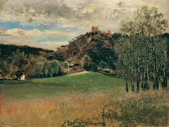 La prairie de la laiterie à Vorderbrühl avec les ruines de Mödling