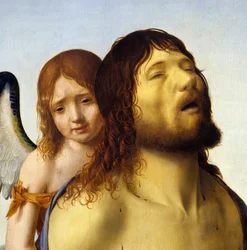 Détail de « Le Christ mort soutenu par un ange » peinture par Antonello da Messina (1430-1479) 1476-1479. Madrid, Musée du Prado.