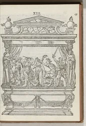 Deuxième estrade décorée avec scène : le prince chasse la Guerre et la Discorde, 1577