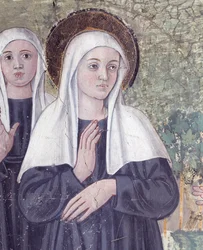 Vie de Sainte Francesca Romana : À son retour de la basilique Saint-Paul, la sainte fut prise en extase, dans un ruisseau mais se releva parfaitement sèche (détail)