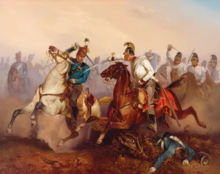 Combat entre dragons impériaux autrichiens et hussards hongrois honvéd... Hongrie en 1849, 1854