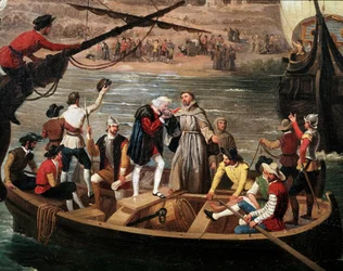 Départ de la Santa Maria, de la Pinta et de la Nina de Palos en 1492 - Départ des trois caravelles de Christophe Colomb (1451-1506) de Palos le 03/08/1492, détail. Peinture d