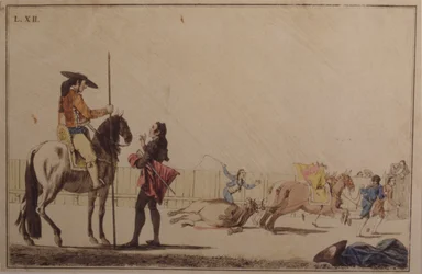 Picador chevauchant et traînant le taureau