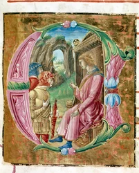 Hérode Ier le Grand (73-4 av. J.-C.) ordonnant le massacre des innocents. Lettrine illuminée par Antonio Cicognari. Détail d