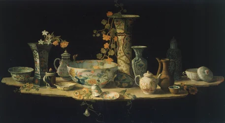Peinture préparatoire pour un plateau de table en pierre dure avec des vases en porcelaine, vers 1875