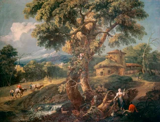 Paysage de montagne avec des gens et une rivière, par Antonio Diziani (1738-1797)