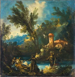 Paysage de rivière boisée avec personnages