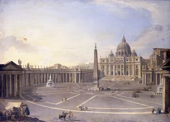 Vue de Saint-Pierre, Rome avec la colonnade de Bernini et une procession en carrosses