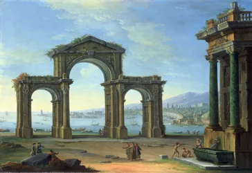 Scène de port avec arche triomphale