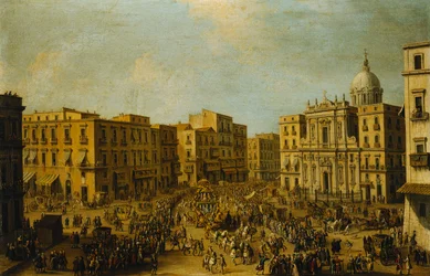 Le Largo San Ferdinando, Naples, au moment du carnaval avec le carrosse royal approchant du Palazzo Reale