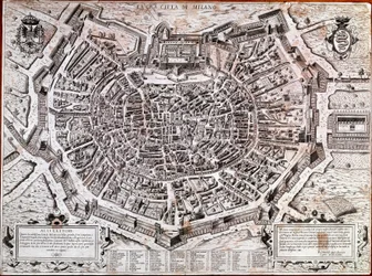 Plan de la ville de Milan édité par Antonio Lafreri (Lafrery ou Lanfrerius) (1512-1577) en 1573. C