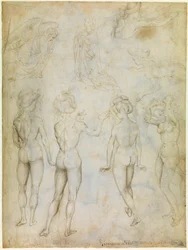"Études de femmes nues, Annonciation et deux études de femmes en train de nager", vers 1425 (dessin)