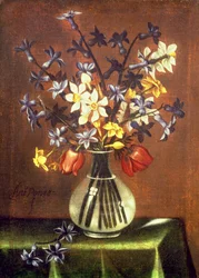 Nature morte de fleurs comprenant jacinthe, tulipes et œil de faisan