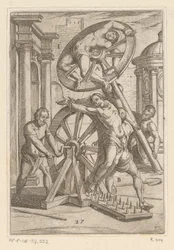 Torture avec des pointes acérées et des roues. Tortures subies par des martyrs chrétiens (titre de la série). Varia tormentorum et suppliciorum crudelium (...) (titre de la série)