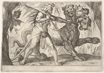 Hercule et Cerbère : Hercule saisit le collier de Cerbère, deux démons apparaissent à gauche ..., 1608