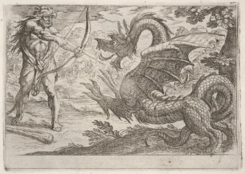 Hercule et le serpent Ladon : Hercule bande son arc, le serpent dressé apparaît de profil, 1608