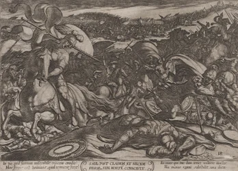 Planche 18 : le suicide de Saül après sa défaite par les Philistins, tiré de « The Battl... », vers 1590-vers 1610.