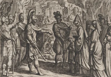 Planche 28 : Les troupes de Cologne amènent la femme et la sœur de Civilis à Cerialis, de La Guerre des R..., 1611