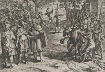 Planche 2 : Les Romains prenant des vieux Hollandais en otages et séduisant les jeunes, de La Guerre..., 1611