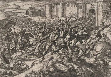 Planche 9 : Les Romains vaincus par les troupes néerlandaises à Bonna, de La Guerre des Romains contre... 1611