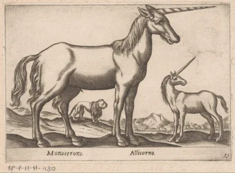 Deux licornes et un lion (Monocerons/Allicorno, série Animaux et créatures fabuleuses, Nova raccolta de li animali piu curiosi del mondo)
