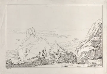 Paysage montagneux avec deux hommes au premier plan