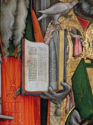 La Bible de Saint Jérôme et la Colombe de Saint Grégoire, détail du panneau gauche de La Vierge en majesté avec les saints Jérôme, Grégoire, Ambroise et Augustin, 1446 (post restauration)