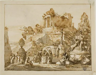 Paysage classique avec temple en ruine sur une colline, figures féminines en contrebas