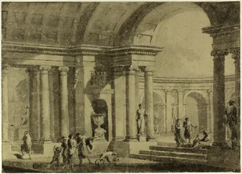 Portique classique avec des personnages en tenue antique