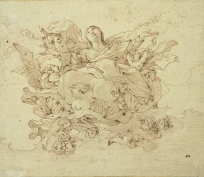 La Vierge dans les nuages, soutenue par des anges