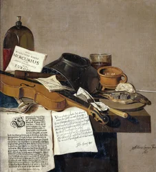 Nature morte avec brochures, un violon, une flûte, de la nourriture et des brochures