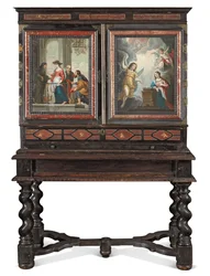 Cabinet (métal doré, doré partiel, écaille de tortue, ébène, ivoire et bois ébonisé et laqué avec peintures sur cuivre)