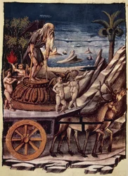 Le triomphe du Temps, le char du Temps tiré par des cerfs, miniature d