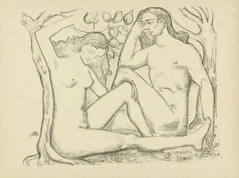 Adam et Ève assis près d