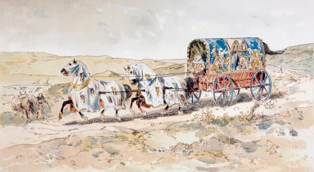 Carrosse de dames tiré par des chevaux du 13ème siècle, 1886