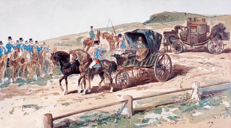 Un postillon monté sur un cheval de carrosse, 19e siècle, 1886