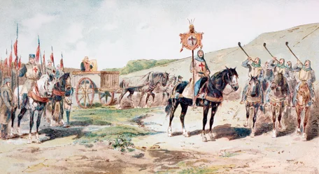 Croisés en marche au XIe siècle avec un chariot de ravitaillement tiré par des chevaux, 1886