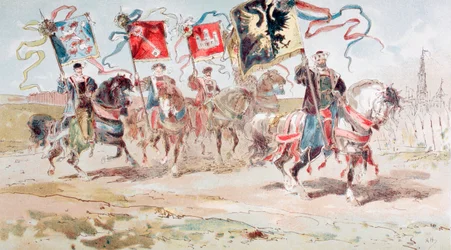 Cavaliers portant les bannières de la Ligue hanséatique et des villes appartenant à la Ligue, XVIe siècle, 1886