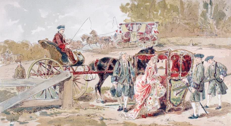 Dame riche entrant dans une chaise à porteurs