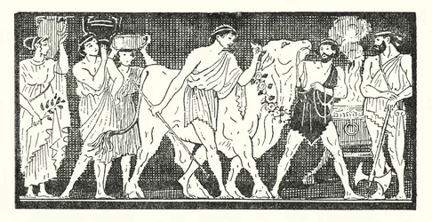 Nestor et ses compagnons menant une génisse à sacrifier
