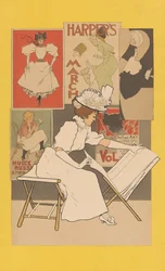 Femme assise à un stand regardant des estampes