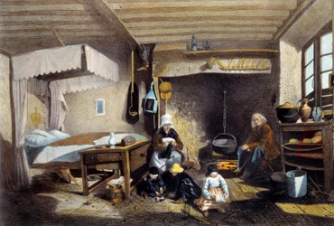 Intérieur paysan près de Royat en Auvergne. La mère coud, le père est assis près de la grande cheminée tandis que les enfants jouent. Lithographie par Armand Theophile Cassagne (1823-1907) 19ème siècle. Musée National des Arts et Traditions Populaires, Par