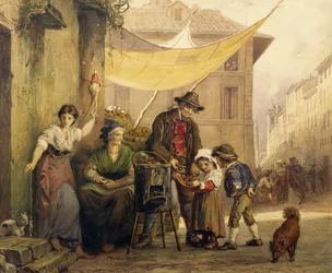 Stand de châtaignes grillées sur la Via Sistina à Rome
