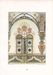 Architecture intérieure décorative Art nouveau avec arcade et éléments héraldiques (litho)