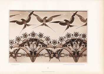 Frise ornementale avec hirondelles, papillons et fleurs stylisées (litho)