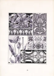 Motifs de lys stylisés sous diverses formes ornementales (litho)