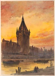 Coucher de soleil sur la tour et la rivière
